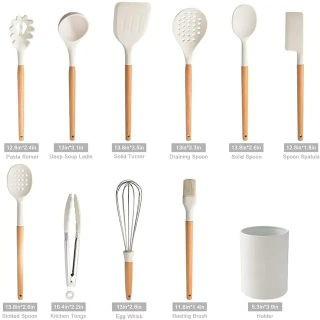 Image of Oren Empower Set of 10 Pcs Silicone Spatula with Wooden Handle for Cooking, Baking & Mixing /Non-Stick Bpa Free /Heat Resistant Item, Non Toxic Silicon Cookware Tools - White