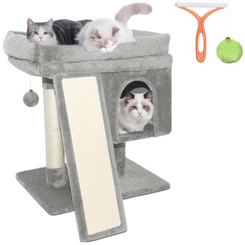 LEEJARD Kratzbaum klein f&uuml;r gro&szlig;e Katzen XXL - 60cm hoch, Katzenbaum mit extra gro&szlig;er Plattform (40x50cm) & Kratzrampe, Stabiler Katzenturm f&uuml;r Senioren. Katzenb&uuml;rste & Spielball