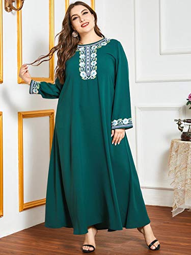 Bigfanshu Roupão árabe feminino moderno com gola redonda verde étnico confortável bordado manga long