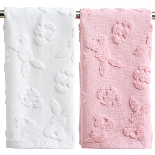 aolime 2 PCS Easter Hand Towels for Bathroom Pink White Rabbit Egg Hand Towels 100% Cotton Absorbent Decorative Jacquard Weave for Easter Bath Kitchen Decor Gift 13.8 x 29.5 Inch