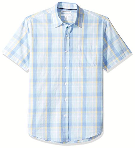 Amazon Essentials – Camisa informal de popelín a cuadros de manga corta de corte recto para hombre, Aqua/Blue Plaid, US M (EU M)