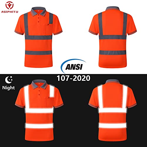 Image of High Visibility Reflective Safety Shirts for Men Women Hi Vis Viz Protective Safety Workwear Polo T Shirt with Pockets for Construction Meet ANSI Class 2(ST191-Orange-XL)