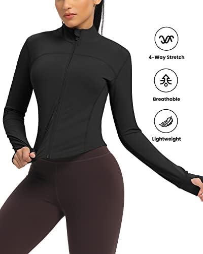 QUEENIEKE Workout Running Jackets for Women Zip Up Athletic Yoga Cropped Tops with Thumb Holes (Black, M) — view 6