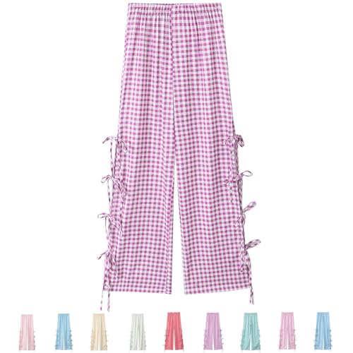 Womens Gingham Check Pants Y2K Bow Tie Side Split Wide Leg Lounge Pants, Loose Fit Retro Going Out Trouser