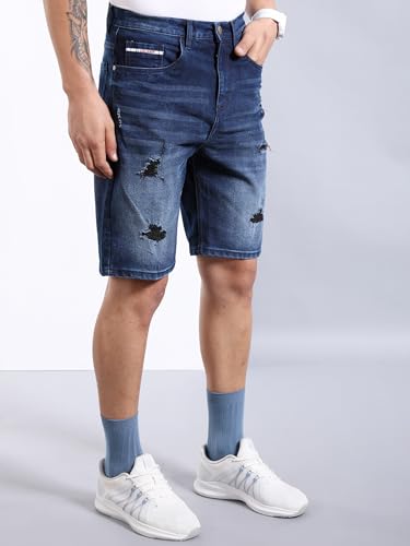 Image of The Indian Garage Co Men Regular Fit Solid Mid-Rise Denim Shorts