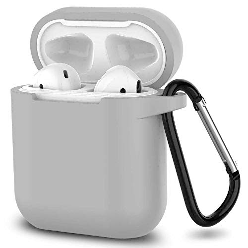 ELLENNE Funda de silicona fina compatible con Apple Airpods 1 y 2, funda antiarañazos + gancho (gris)