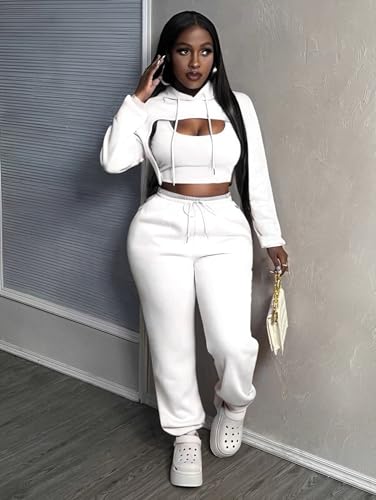 Women 3 Piece Sweatsuit Set Sexy Long Sleeve Pullover Cropped Hoodie Tank Top and Jogger Sweatpants Tracksuit2