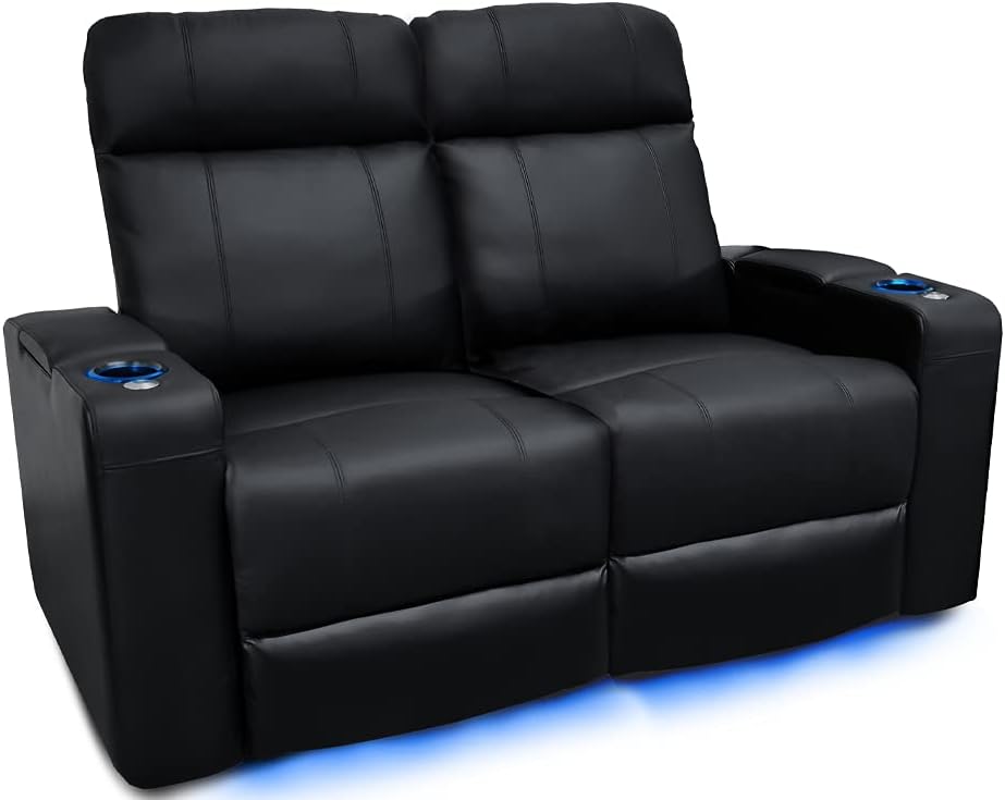Valencia Piacenza Home Theater Seating | Premium Top Grain Nappa 9000 Leather, Power Recliner, LED Lighting (Row of 2 Loveseat, Black)