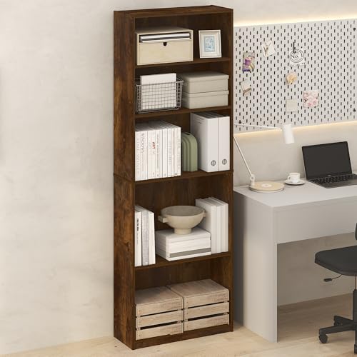 Image of Furinno Jaya Simply Book Shelf, 5-Tier Bookshelf, Bookcase with Adjustable Shelves, 9.5 x 24.5 x 71.2, for Living Room, Bedroom, Home Office, Amber Oak