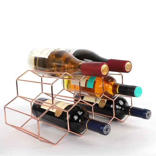 Luoieo Rose Gold Wine Racks Countertop 9 Bottle,Geometric Stainless Steel Wine Bottle Holder,Compact Small Wine Rack for Cabinet Pantry Bar Table No Assembly Required