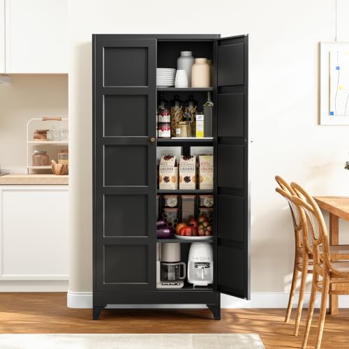 Image of Yizosh Metal Storage Cabinet with 2 Doors and 4 Adjustable Shelves - 71 inch Black Kitchen Pantry Storage Cabinet,4-Tier Tall Steel Cabinet Locker for Living Room,Dining Room,Kitchen