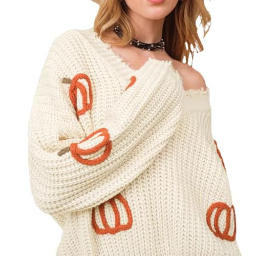 Pumpkin Cable Knit Sweater for Women Raw Hem V Neck Oversized Sweaters Halloween Fall Outfits 20252