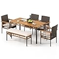 Tangkula 6 Pieces Patio Dining Table Set, Outdoor Rectangular Acacia Wood Table with 1.97” Umbrella Hole & Cushioned Backless Bench & 4 Armchairs, for Garden, Deck, Yard