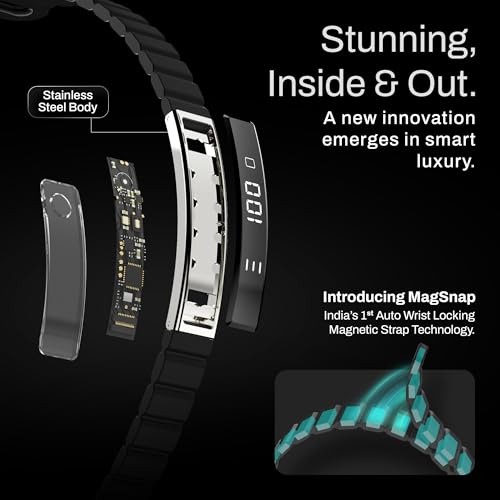 Image of Pebble Arq Smart Bracelet - Digital Display | Heart Rate & SpO2 Monitoring | Sleep Tracker | Sports Modes | Magnetic Strap | Premium Build (Jet Black)