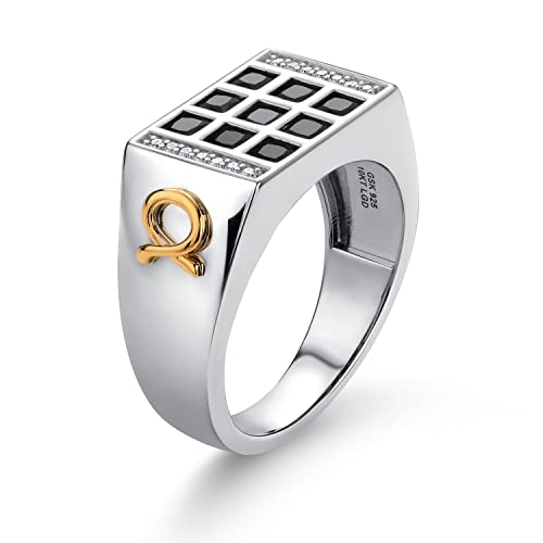 Gem Stone King Men's 925 Sterling Silver and 10K Yellow Gold Black Onyx and White Lab Grown Diamond Ring with Alpha Symbol (1.27 Cttw, Available In Sizes 7 to 13)3