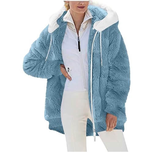 Vestes en polaire chaude double face avec fermeture éclair pour femme - Veste décontractée et solide avec capuche d'oreille - Manteau à capuche doux et confortable, bleu, L Vestes en polaire chaude double face avec fermeture éclair pour femme - Veste décontractée et solide avec capuche d'oreille - Manteau à capuche doux et confortable, bleu, L