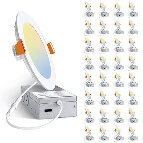 Amico 32 Pack 6 Inch 5CCT Ultra-Thin LED Recessed Ceiling Light with Junction Box, 2700K/3000K/3500K/4000K/5000K Selectable, 12W Eqv 110W, Dimmable Canless Wafer Downlight, 1050LM Brightness -ETL&FCC Amico 32 Pack 6 Inch 5CCT Ultra-Thin LED Recessed Ceiling Light with Junction Box, 2700K/3000K/3500K/4000K/5000K Selectable, 12W Eqv 110W, Dimmable Canless Wafer Downlight, 1050LM Brightness -ETL&FCC