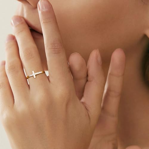 18K Gold Plated Cross Ring 925 Sterling Silver Rings Wedding Band for Women Cubic Zirconia Jewelry Promise Bands Gold Rings for Her Size 6 to 103