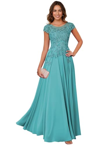 Image of Lace Applique Chiffon Mother of Bride Dresses - Short Sleeve Pleated Long Mother of The Groom Dress