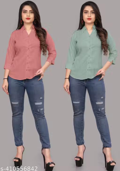 Image of Women's Solid Formal Shirt (Pack of 2)-Pink, Mint Green-1 P3