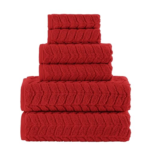 Image of Elegant Comfort Luxury 6-Piece 100% Turkish Cotton Jacquard Braided Textured Premium Hotel Quality Towel Set- Soft and Absorbent, Includes 2 Bath Towels, 2 Hand Towels and 2 Washcloths, Red