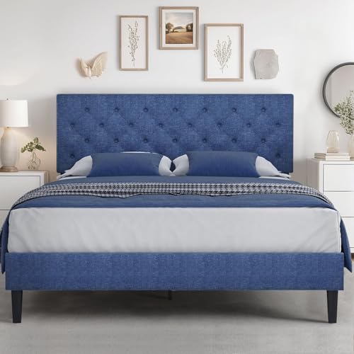 HOMBCK Queen Bed Frame with Button Tufted Headboard, Blue Upholstered