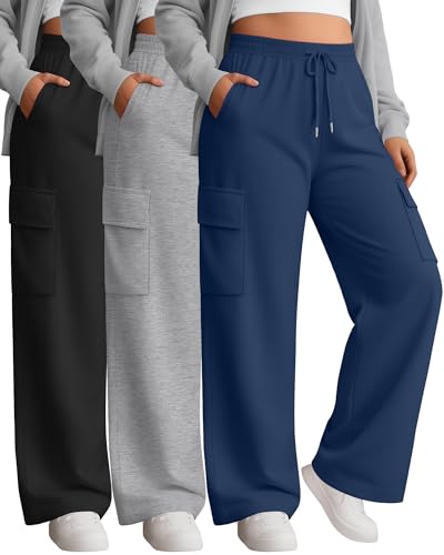 Neer 3 Pack Women's Plus Size Cargo Sweatpants Wide Leg Drawstring Bottom Pants Baggy Loose Casual Athletic Trousers