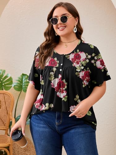 AusLook Plus Size Floral Tunic Tops for Women Pleated Babydoll Blouse Short Sleeve Round Neck Loose Fit Casual Flowy Midnight Red Rose 3X Tunic Shirts Summer Tops to Wear with Leggings — view 3
