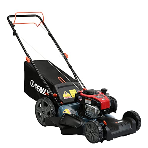 SENIX Self-Propelled Gas Lawn Mower, 21-Inch, 150 cc 4-Cycle Briggs & Stratton Engine, 3-in-1 Single Speed Lawnmower, 6-Position Height Adjustment with 11-Inch Rear Wheels, LSSG-M1, Blue