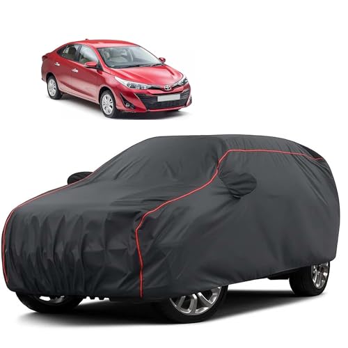 Image of Sulfar 100% Water Resistant Car Body Cover Compatible with Mirror for Toyota Yaris (Triple Stitched, Full Bottom Elastic, Dark Grey Taffeta with Red Piping)