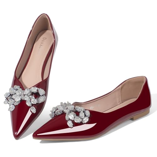 Flats for Women Comfortable Leather Pointed Toe Ballerina Shoes Rhinestone Bow Comfort Slip On Flats Light Weight Dress Shoes
