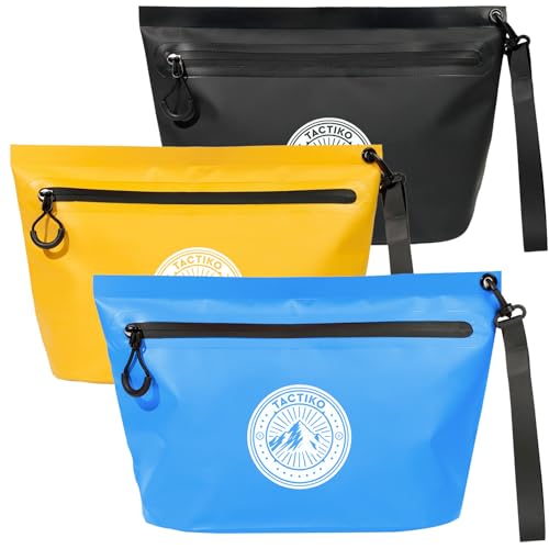 Image of Tactiko 3L Water Resistant Pouch - Waterproof Material w/Splashproof Zipper - Hold All Zipper Bag for Storage, Toiletries, Travel, Beach, Cruise, Home (3, Blue/Yellow/Black)