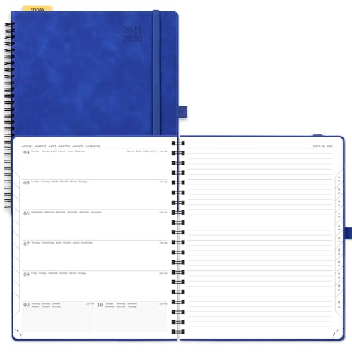 POPRUN Academic 2025-2026 Diary Week to View Large Spiral Bound PU Leather Soft Cover 26.5 x 21.5 cm - 25/26 Mid Year Weekly Planner & Notebook in One, Monthly Tab (Royal Blue)