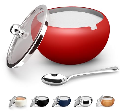 KooK Stainless Steel Sugar Bowl with Lid and Spoon, Serving Dish, Clear Glass Lid, Storage for Salt, Candy, Coffee, Holds 2 Cups, Dishwasher Safe, 16 oz Matte Rose