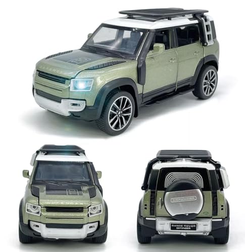 Image of 1:32 Scale Land Rover Defender Model Car - Exclusive Alloy Metal Pullback Toy with Openable Doors, Lights, and Music for Kids (Green Colour)