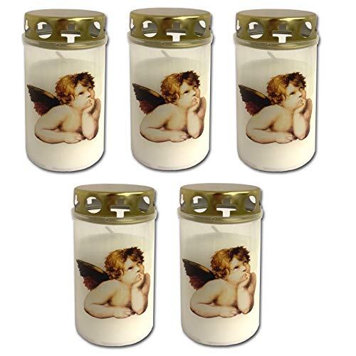 HAC24 Set di 5 Candele per Tomba con Coperchio, Bianco, con Angelo, Motivo cimitero, Decorazione tombale