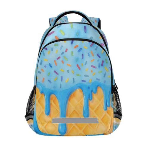 Image of Blue Ice Cream Drip Large School Backpacks with Chest Strap for Boys Girls Students,Lightweight Bookbags 17 Inch, Summer Waffle Portable Casual Daypack Bags