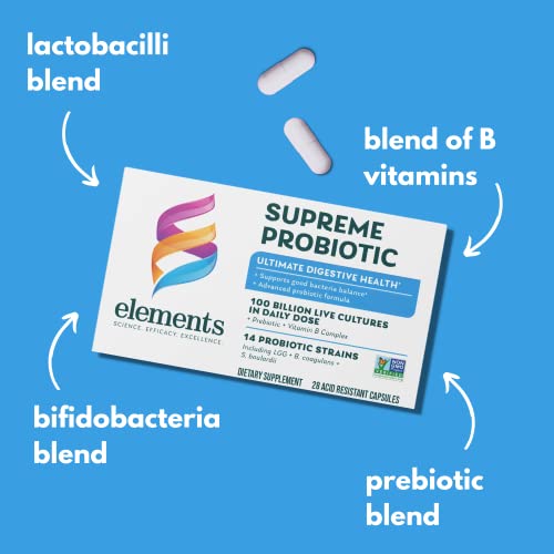 Elements Supreme Probiotic, 28 Capsules (14 Day Supply), 100 Billion Cfu Digestive Health Support Supplement, Helps Promote Your Body’s Natural Flora, Gluten Free, Non- Gmo Certified #TOP3