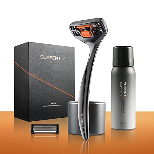 SUPRENT Razors for Men with Matrix Cutter Head, 38.5° Golden Angle Shaving Kit for Men, Travelling Razor Kit-1 Mens Razor Handle, 2 Blade Refills,1 Dock,1 Shave Foam