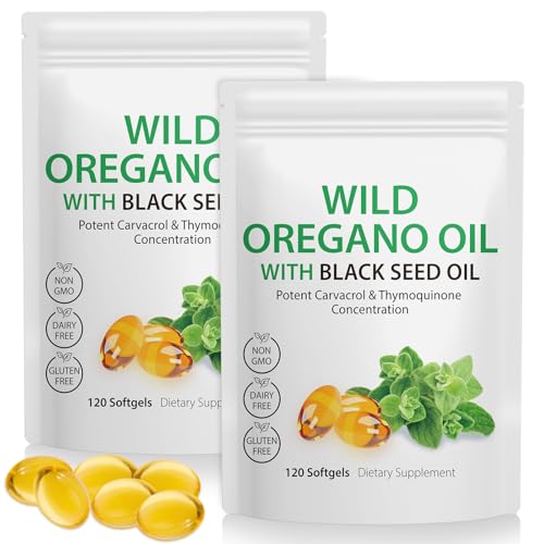 Oil of Oregano Softgels 6000mg Per Serving 240 Count | 2 in 1 Formulated with Black Seed Oil 200mg Natural Antioxidants 4X Strength Carvacrol & Thymoquinone | Plant Based Non-GMO & Immune Support