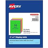 Avery 2'x 4' Neon Shipping Labels with Sure Feed for Laser Printers, Assorted Colors, 500 Neon Labels (5956)