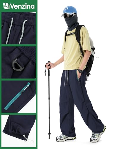 Image of Venzina Men's Parachute Cargo Trousers Lightweight Quick-Drying Hiking Pants Water Resistant Drawstring Cargo Pants for Camping, Fishing, Travel, Safari, M - XXL