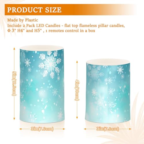 Image of Christmas Lights Flameless Candles Teal Turquoise Snowflake Pillar Candles Set of 2 Battery Operated Remote Control Warm Lights Home Decor