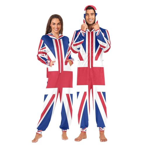 HMZXZ Adult Onesie Pajamas England Uk British Flag for Men and Women Union Jack One-Piece Costume Sleepwear Jumpsuit Matching Pjs for Women Multi