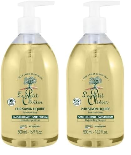 LE PETIT OLIVIER - Pur Savon Liquide - Hypoallergénique - Sans Parfum & Sans Colorant - Nettoie La Peau En Douceur - 98% D'Origine Naturelle - Cuit au Chaudron - Fabriqué En France - 300ml (Lot de 2)