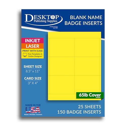 Bright Yellow High Visibility 3x4 Name Badge Inserts - 6 per page - Colored Standard Printable Name Tag Cardstock for Inkjet & Laser Printer Compatible - 25 Sheets / 150 Name Badge Insert Refills