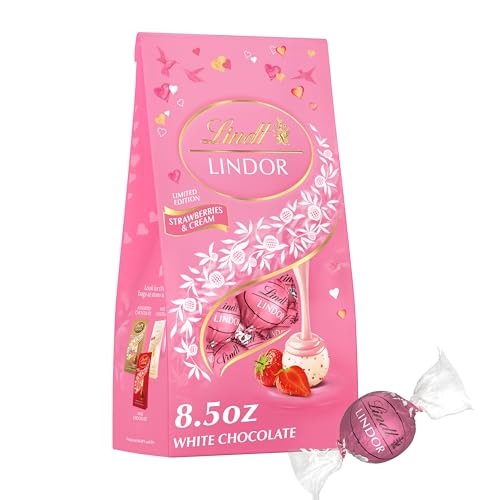 Lindt LINDOR Strawberries and Cream White Chocolate Candy Truffles, Valentine's Day White Chocolate with Strawberries and Cream White Truffle Filling, 8.5 oz. Bag