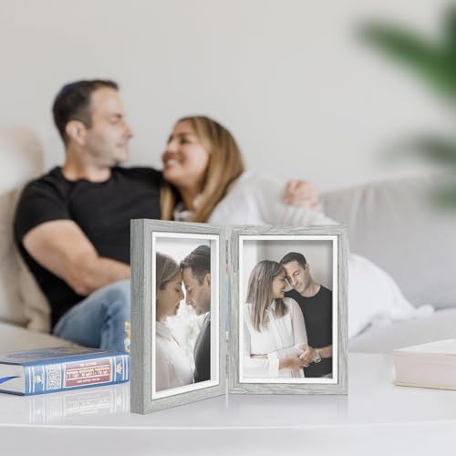 Afuly 10x15 Bilderrahmen Grau Weiß Doppelt Holz für 2 Bilder Collage Moderne Shabby Deko Family Haustier Geschenk