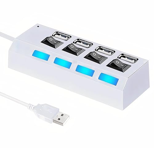 High-Speed USB Hub with Individual LED Power Switches-4 Port USB Extender- USB Splitter for Mouse, Keyboard,Flash Drive, Printer- USB Splitter Expansion Compatible with Laptop, Desktop PC,PS5 (White)