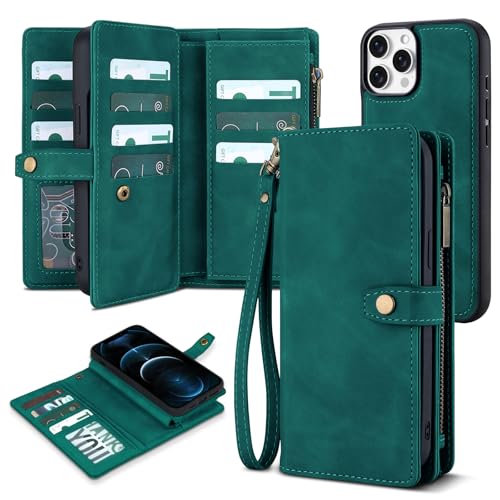 TwoHead for iPhone 12 Pro Max Wallet Case with 11 Card Holders,Green